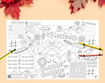 Thanksgiving Activity Placemats Kids Coloring, Mazes, Tic-Tac-Toe
