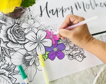 Mother's Day Floral Coloring Table Runner: Tea Party Brunch Activity