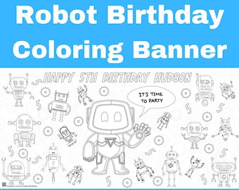 Personalized Robot Birthday Coloring Tablecloth: Science Party Activity