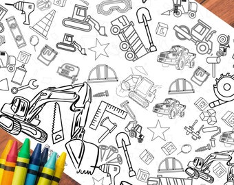 Construction Birthday Party Coloring Table Runner: Dump Trucks & Hard Hats
