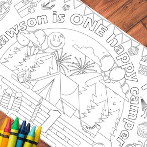 Camping Theme Coloring Tablecloth One Happy Camper 1st Birthday Party Personalized Kids Activity  National Park Outdoors Childrens Camp Fun