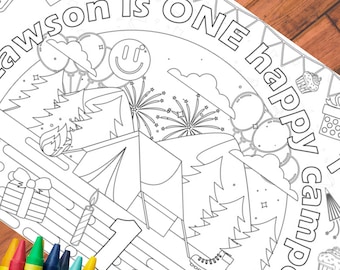 Camping Birthday Party Coloring Tablecloth: One Happy Camper Theme