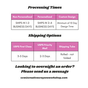 May include: A pink table with text that reads "Processing Times" and "Shipping Options". The table lists the processing times for non-personalized, personalized, and custom design items. It also lists the shipping options, including USPS First Class, USPS Priority Mail, and Shipping Tube. The table includes the estimated shipping times for each option. The text at the bottom of the table reads "Looking to overnight an order? Please send us a message" and includes an email address.