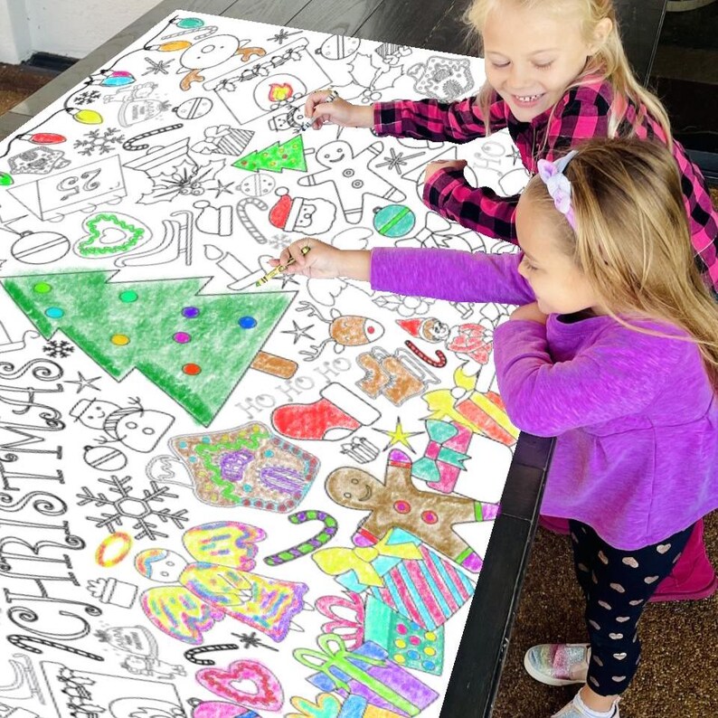 Personalized Christmas Coloring Tablecloth giant christmas coloring sheet Kids Holiday Party Activity all ages, toddler, preschool , elementart, middle school and highchool students teacher favorite classroom activity coloring banner made in the USA
