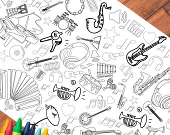 Decoração de aniversário com música, toalha de mesa para colorir personalizada, atividade para festa de festival de jazz, presente para professor de música, pôster para colorir instrumento musical