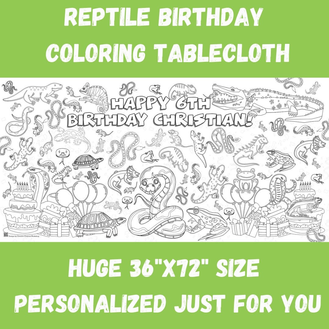 Reptile Birthday Party Personalized Coloring Tablecloth Snakes, Lizards ...