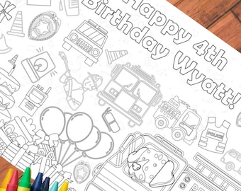Personalized Rescue Birthday Party Coloring Tablecloth: Emergency Vehicles Activity
