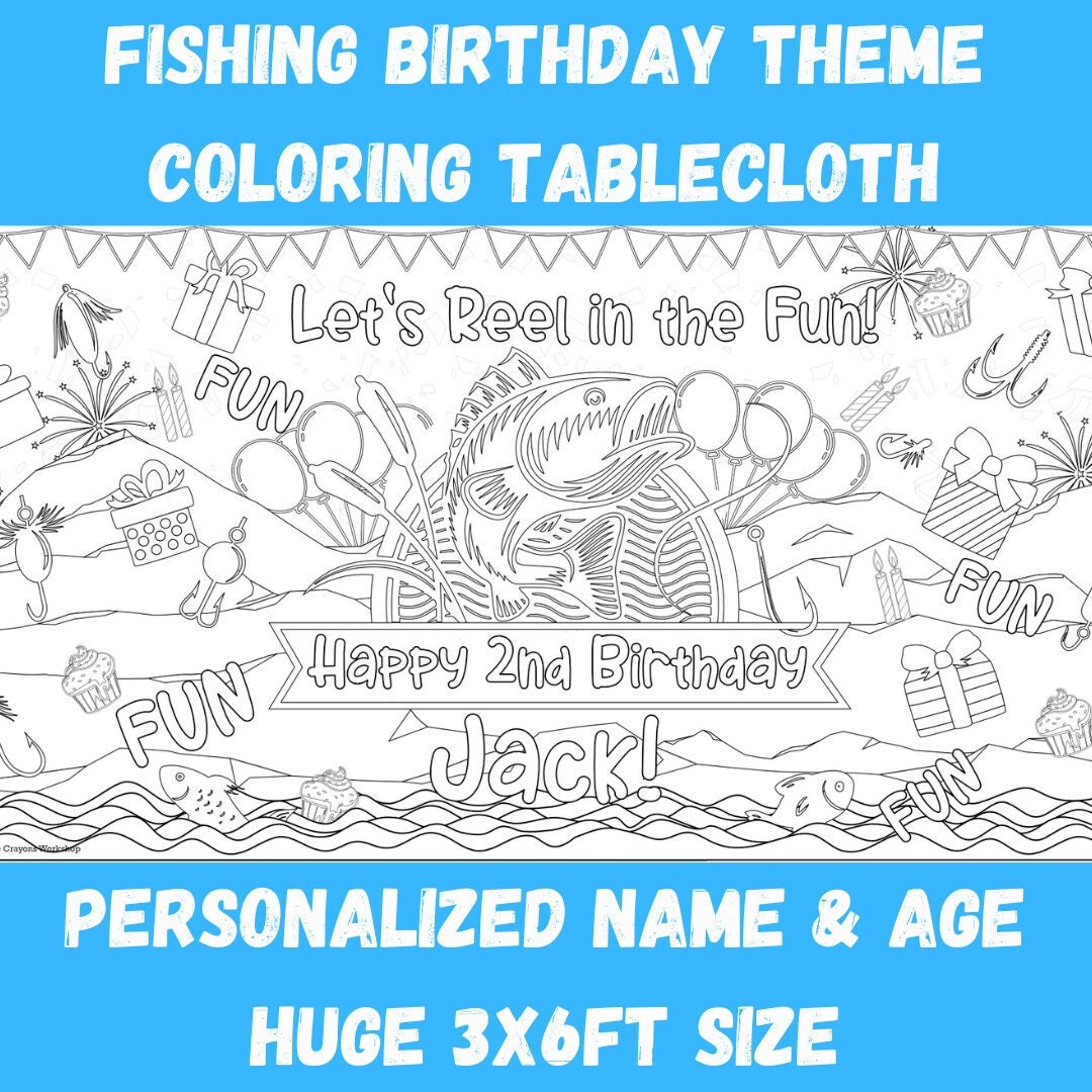Fishing Birthday Party Coloring Tablecloth Reel Fun Kids Party Activity Reel  Em in Birthday Banner Personalized Fish Birthday Poster 