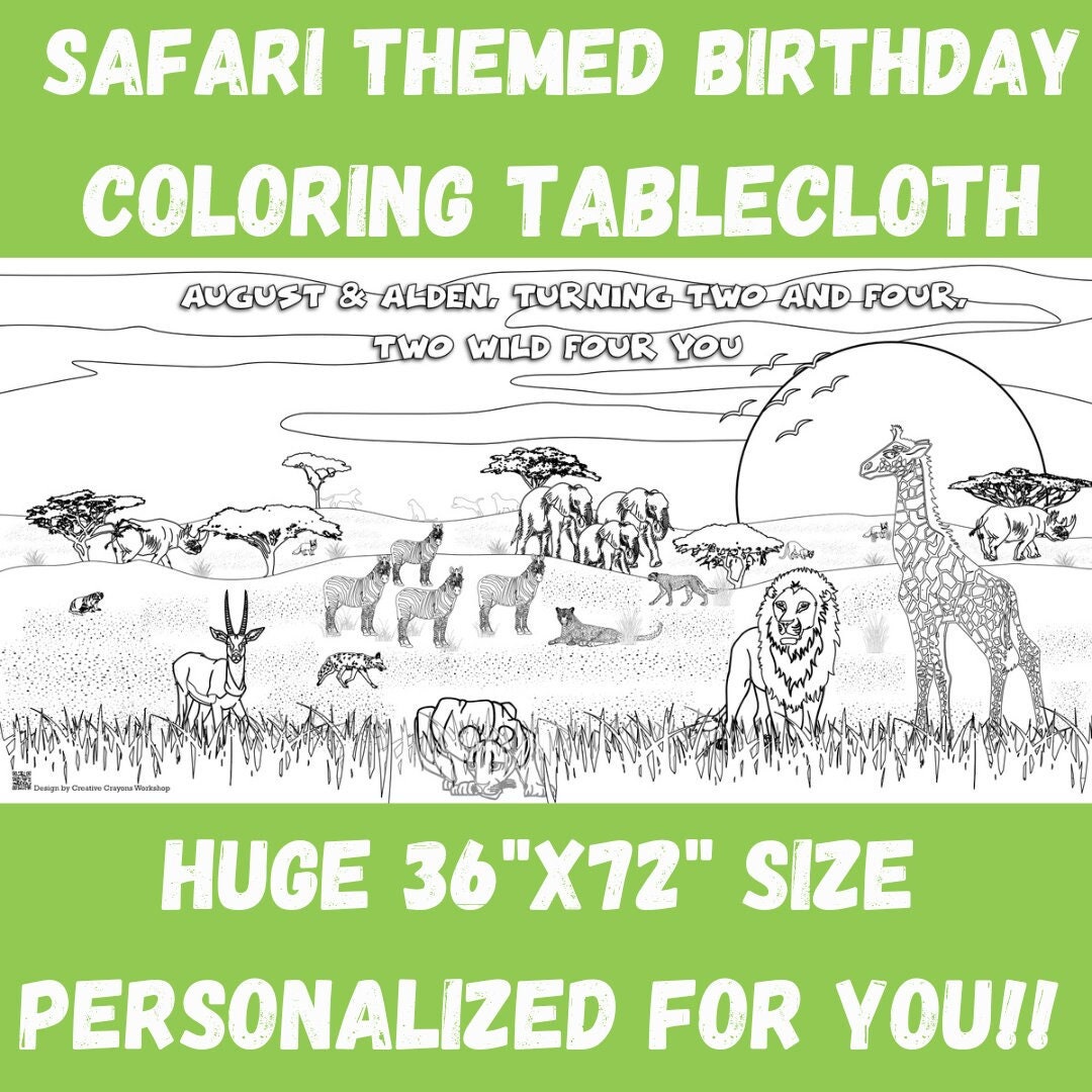 Safari Birthday Party Coloring Tablecloth Personalized Kids Activity Two Wild Wild One Party Animal Welcome to the Jungle