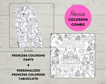 Princess Birthday Coloring Tablecloth and Girls Coloring Pants Princess Party Gifts Birthday Coloring Pajamas Personalized Coloring Banner