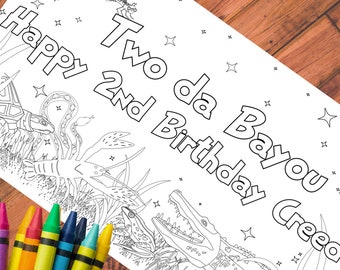 May include: A black and white coloring page with the text "Happy Two 2nd da Bayou Birthday Creed". The page features a variety of animals including a dragonfly, a snake, a crawfish, a frog, an alligator, and a turtle.