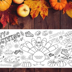 May include: Thanksgiving-themed coloring page with a turkey, pumpkins, apples, and fall leaves. The words "Happy Thanksgiving" and "Family" are also included. The image is set against a rustic wooden background.