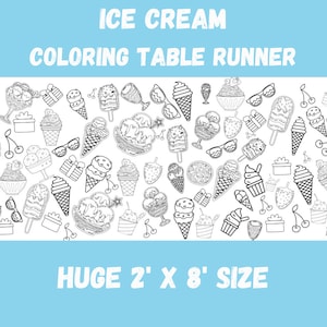 May include: Black and white line art illustration of ice cream cones, sundaes, popsicles, cherries, and sunglasses. The image is a repeating pattern and says "ICE CREAM COLORING TABLE RUNNER HUGE 2' X 8' SIZE".