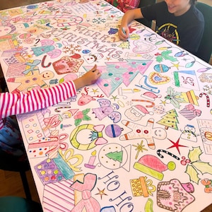 Personalized Christmas Coloring Tablecloth giant christmas coloring sheet Kids Holiday Party Activity all ages, toddler, preschool , elementart, middle school and highchool students teacher favorite classroom activity coloring banner made in the USA