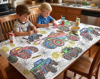 Personalized Monster Truck Birthday Coloring Tablecloth: Smash and Crash Party Decoration