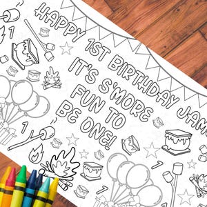 S&#39;mores 1st Birthday Party Coloring Tablecloth: Personalized Bonfire Theme