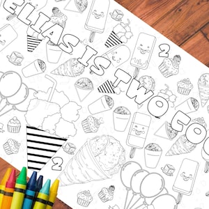 Due fantastiche tovaglie da colorare personalizzate per feste di compleanno per bambini, cono di ghiacciolo, dolcetti congelati, striscione divertente per attività estive
