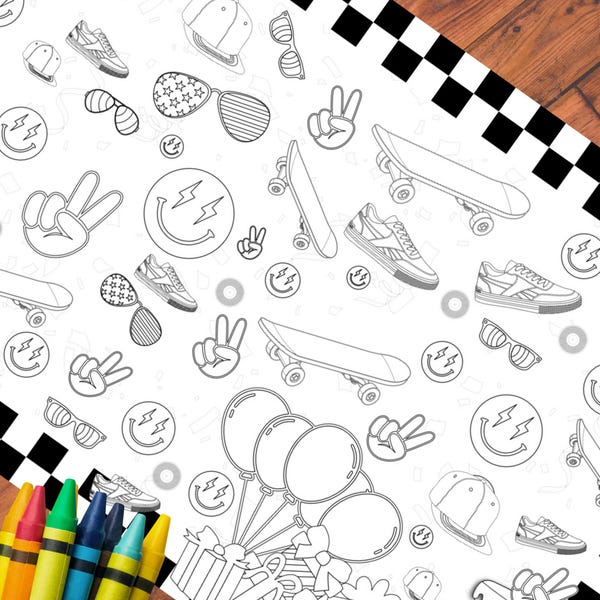 Personalized Skateboard Birthday Party Coloring Tablecloth: Skate Vibes Banner