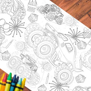 May include: A black and white coloring page featuring a monster truck with flames and birthday cake decorations. The truck has large tires and a detailed design. The page is perfect for kids who love monster trucks and coloring.