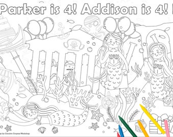 Toalha de mesa para colorir festa de aniversário de sereia e pirata: atividade personalizada