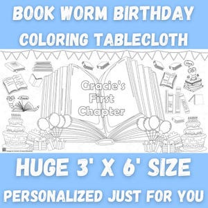 Chapter One Books Birthday Party Coloring Tablecloth Activity Personalized Kids Table Decoration One for the Books Library Theme Bookish Fun