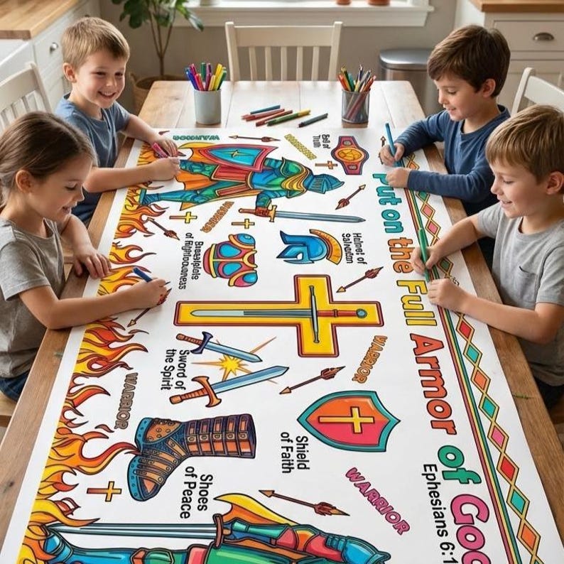 Faith Based Kids Coloring Tablecloth Easter Activity Armor of God Warrior Theme