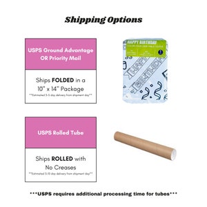 May include: Two shipping options for a table cover. The first option is USPS Ground Advantage or Priority Mail, which ships the table cover folded in a 10-inch by 14-inch package. The second option is USPS Rolled Tube, which ships the table cover rolled with no creases. The estimated delivery time for the folded option is 3-5 days, and the estimated delivery time for the rolled option is 5-10 days. USPS requires additional processing time for tubes.