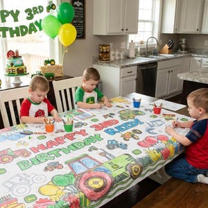 Toalha de mesa para colorir de aniversário de trator: atividade personalizada para festa na fazenda