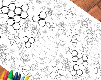 Bee Birthday Party Coloring Tablecloth: Kids Activity, Honeycomb Banner