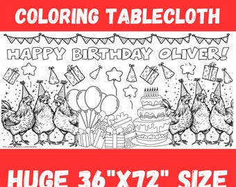 Puede incluir: Mantel de mesa para colorear en blanco y negro con un tema de fiesta de pollo con el texto "¡Feliz cumpleaños Oliver!" y un pastel de cumpleaños. El mantel mide 91,44 cm por 182,88 cm.