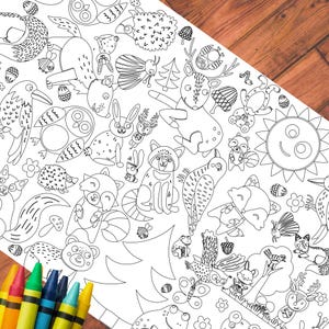 May include: A black and white coloring page featuring a variety of woodland animals, including owls, deer, raccoons, rabbits, and birds. The page is filled with intricate details and is perfect for a relaxing coloring activity.