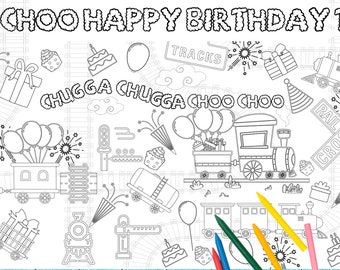 Personalized Choo Choo Train Coloring Tablecloth Children&#39;s Activity Chugga Chugga Two Two Boys Second Birthday Party All Aboard Toddlers