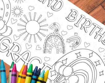 Personalized Boho Rainbows and Sunshine Girls Birthday Coloring Tablecloth Party Activity