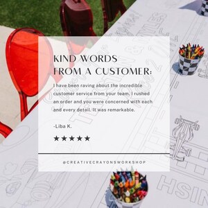 May include: A white table with a black and white coloring page of a race car. The table has a quote from a customer about the incredible customer service. The quote reads: "I have been raving about the incredible customer service from your team. I rushed an order and you were concerned with each and every detail. It was remarkable." The quote is attributed to Liba K. and is followed by five stars. The table also has a bucket of crayons and a red chair.