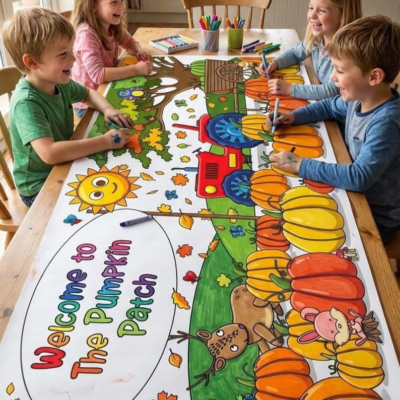 Personalized Pumpkin Patch Coloring Tablecloth: Fall Harvest Party Activity