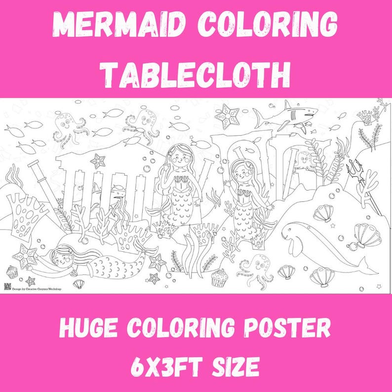 Mermaid Gift for Girls Personalized Party Decor Huge Coloring Tablecloth Huge paper coloring sheet Mermazing Birthday Decoration Girls Splish Splash Bash Fun Activity
