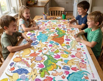 Three Rex Dinosaur Birthday Activity Coloring Tablecloth Personalized 3rd Birthday