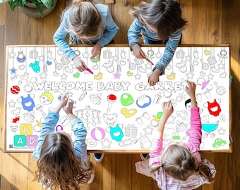 Personalized Baby Shower Coloring Tablecloth: Kids Activity, Gender Reveal