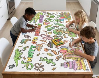 Personalized Reptile Birthday Coloring Tablecloth: Snakes, Lizards, Frogs (36" x 72")
