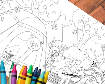 Camping Birthday Party Coloring Tablecloth: Kids' Activity, 72"x36" Paper