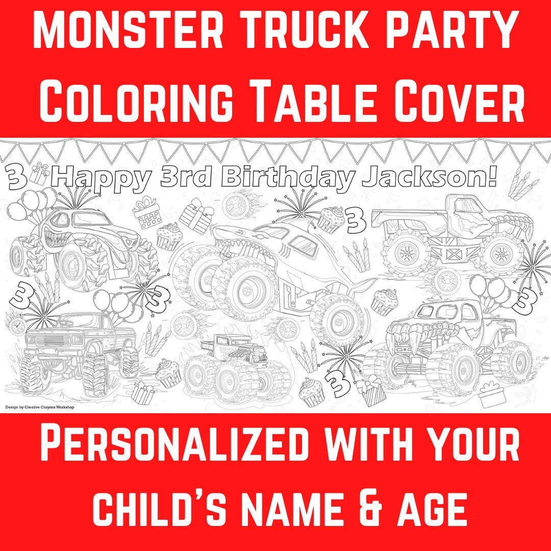 Monster Truck Birthday Party Coloring Tablecloth Huge Personalized ...