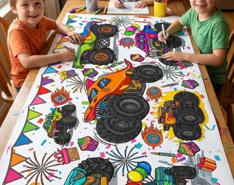Personalisierte Monstertruck Geburtstagstischdecke: Smash und Crash Partydekoration