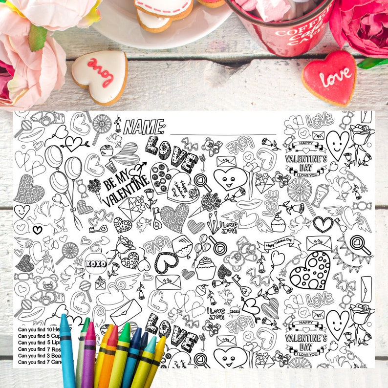 Valentine's Day Coloring Placemats Activity Paper Party Table Decor Kids Class Valentine Exchange XOXO I Love You Teacher Coloring Sheet Fun