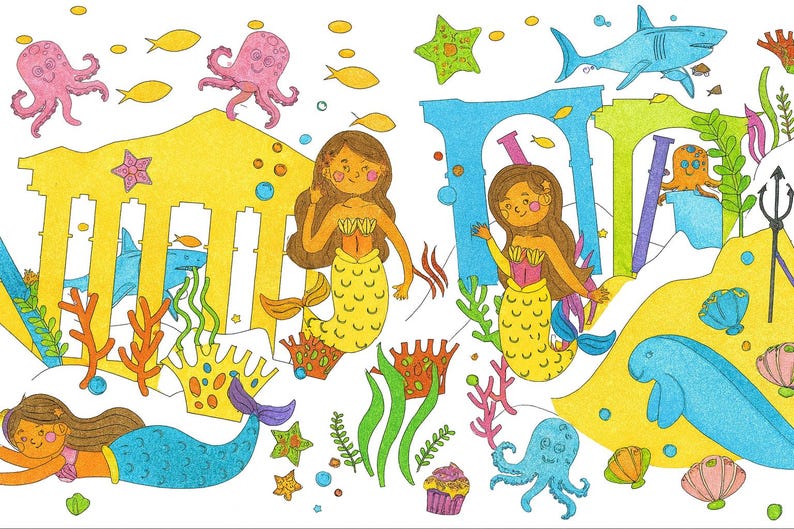 Personalized Mermaid Gift for Girls under 5 Birthday Party Coloring Tablecloth (36" x 72") Under the Sea little mermaidsplish splash bash toddler activity coloring banner