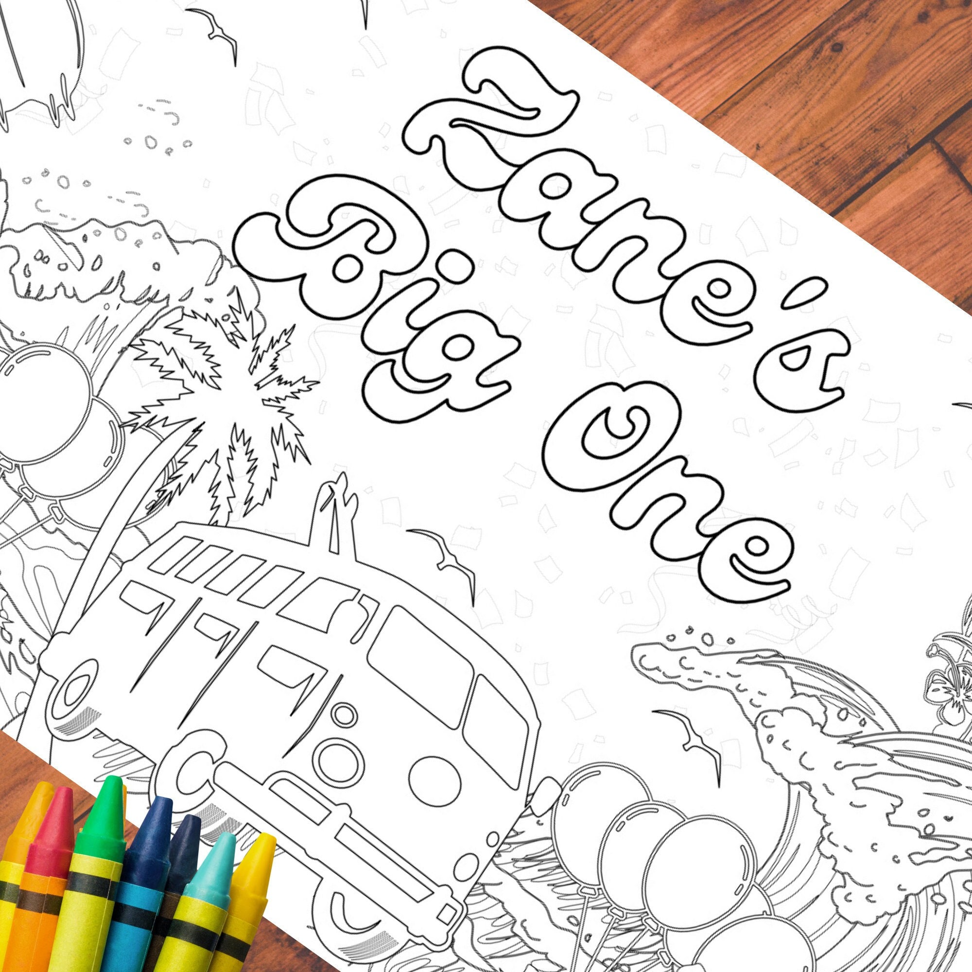 Surf Party Decor Kids Personalized Coloring Tablecloth Activity Surfs Up Beach Theme Big One First Birthday 1st Wave Summer