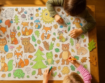 Personalized Woodland Animals Coloring Tablecloth Kids Birthday Party Activity
