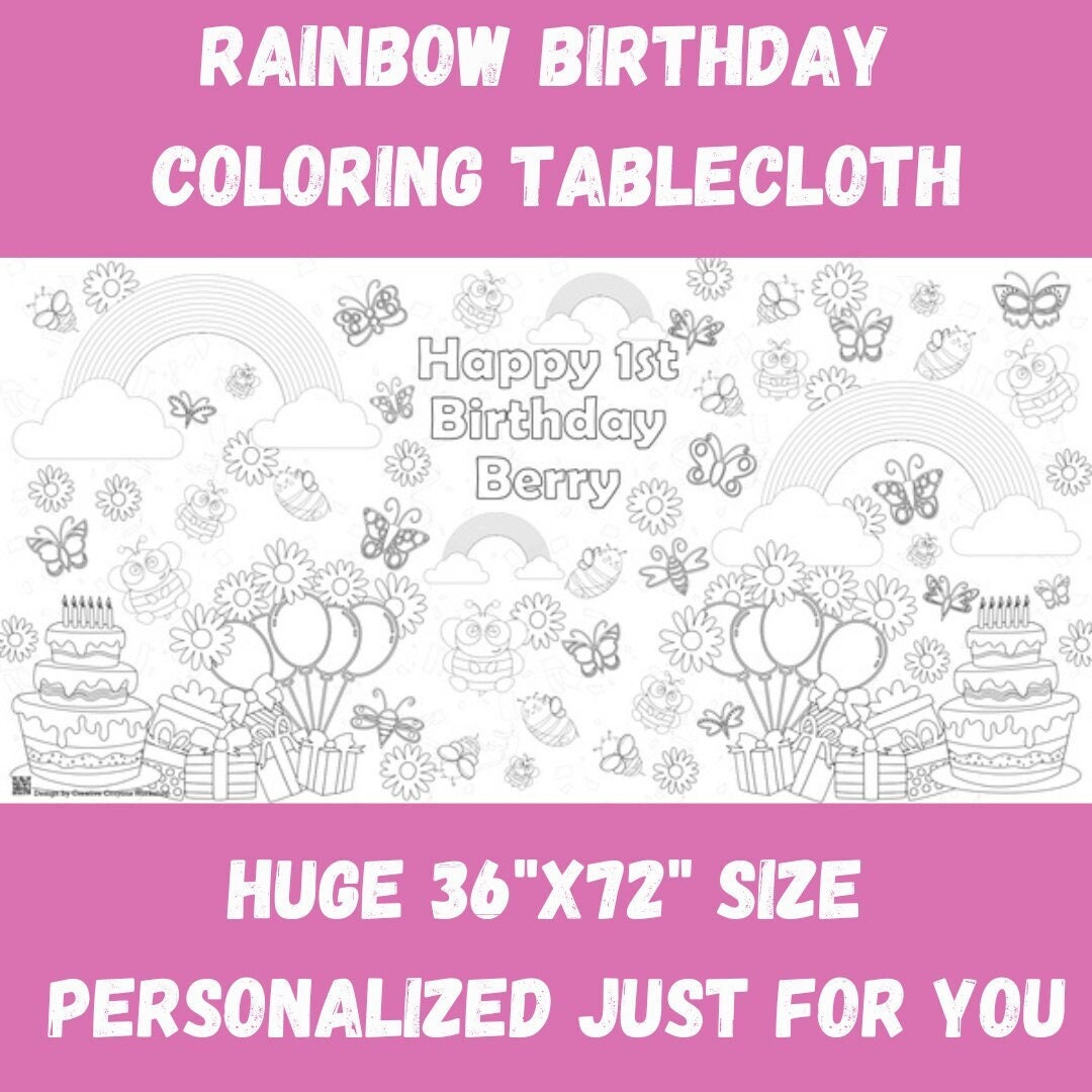 Rainbow Themed Birthday Party Table Cover Personalized Rainbow Coloring