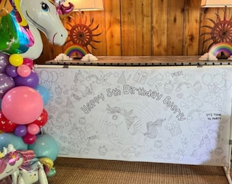 Personalized Unicorn Birthday Party Coloring Tablecloth: Rainbow Activity