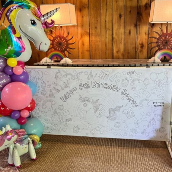 Personalized Unicorn Birthday Party Coloring Tablecloth: Rainbow Activity
