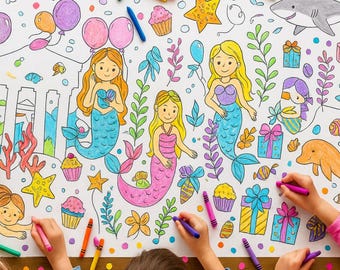 Toalha de mesa para colorir sereia: atividade personalizada para festa de aniversário